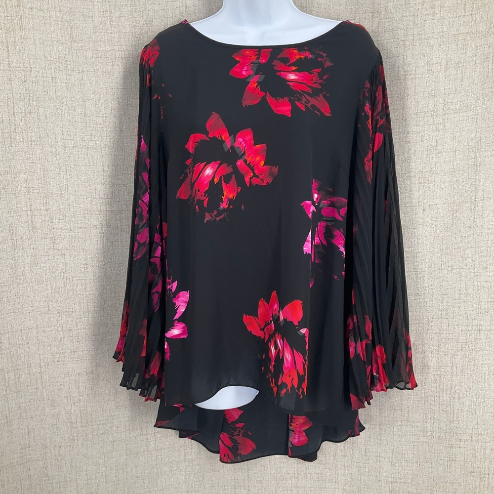 Vince Camuto Blouse Womens Large Black Pink Floral Pleated Sleeve High Low Top